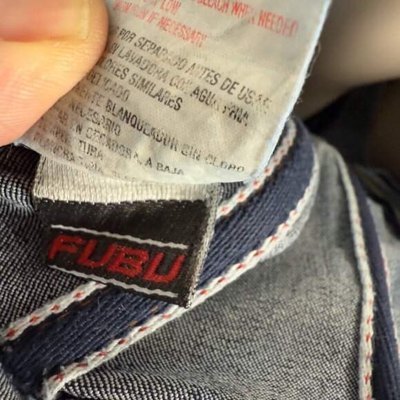 FUBU Denim Corset Waist Puff Off Shoulders Straight leg Stretch Jumpsuit sz XL L - Picture 11 of 11